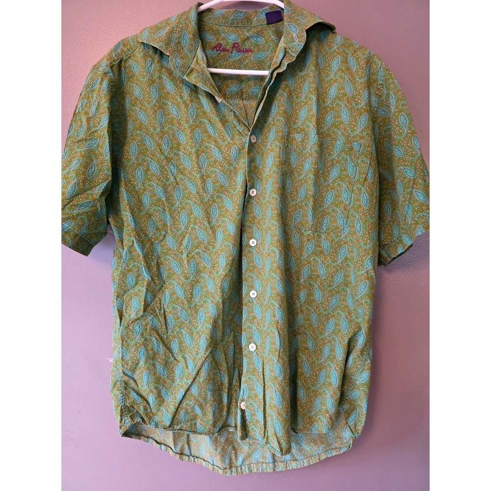 Alan Flusser‎ Mens Paisley Button Down Green Blue Pink Cotton Short Sleeve M